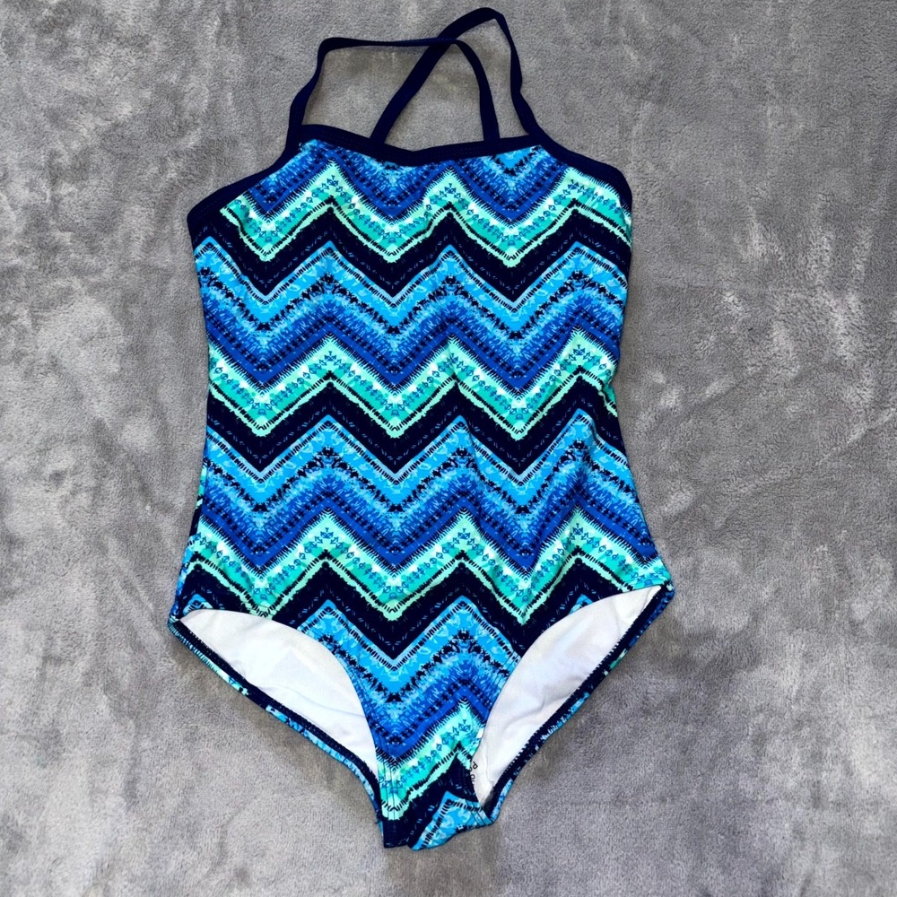 Kanu Surf Layla One Piece Swimsuit Girls 10 Blue Zigzag Chevron Sport Banded